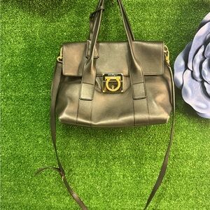 Ferragamo Black Leather Gold Hardware 2-Way Crossbody & Handle Bag